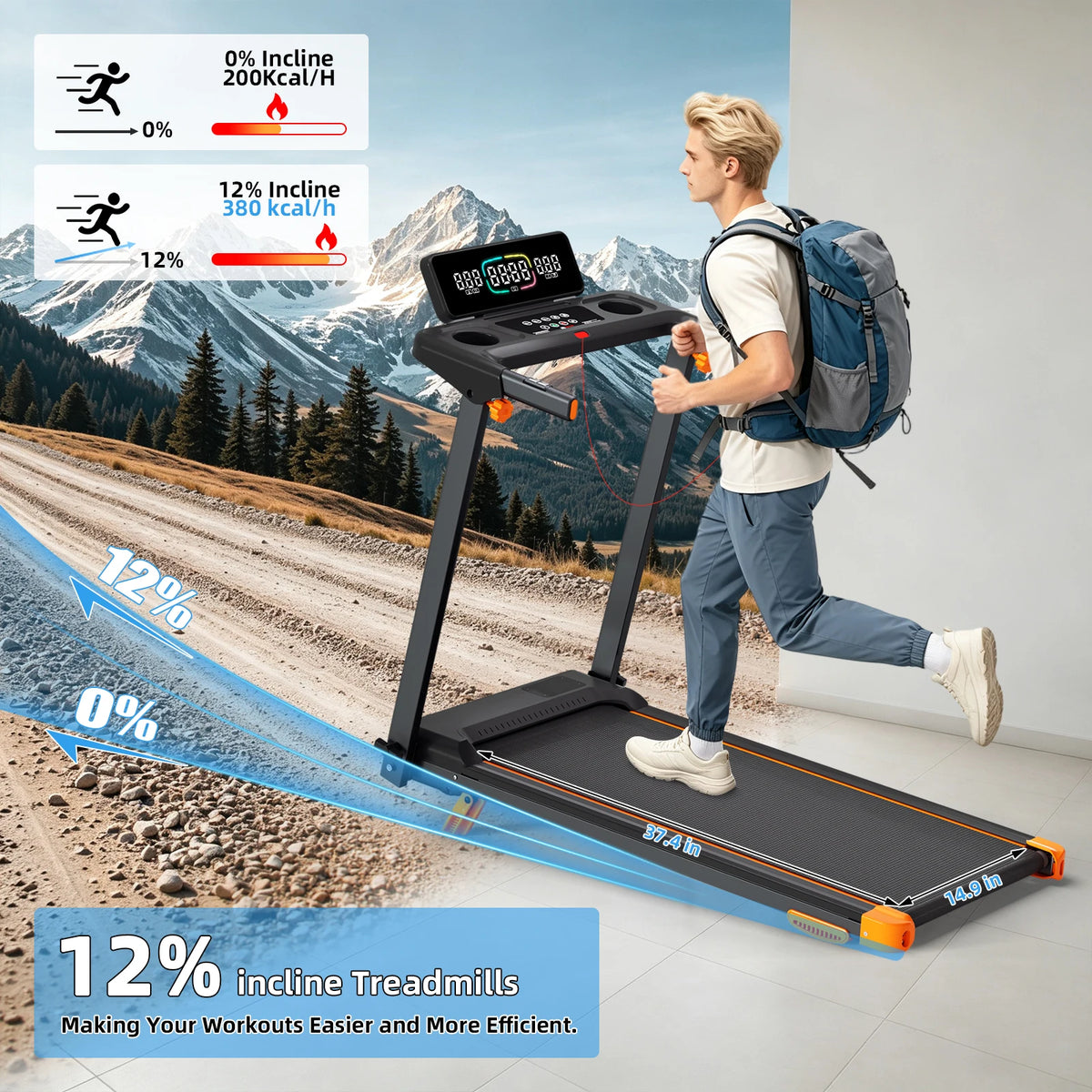 Folding Treadmill 12 Percent Incline 3.0HP Low Noise Motor Under 45Db/300LBS Weight Capacity 5 Layer Anti Slip Shock Absorbing