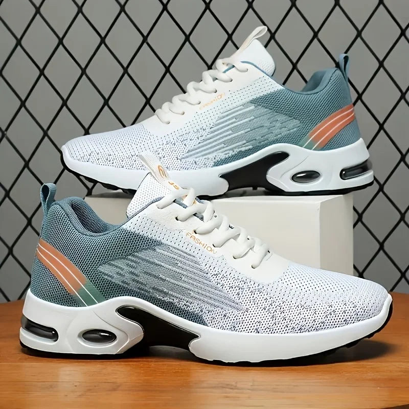 Men Breathable Flying Woven Mesh Running Shoes Cushion Air Sole/Shock Absorbing Athletic Sneakers, Lightweight Lace Up Non Slip Shoes