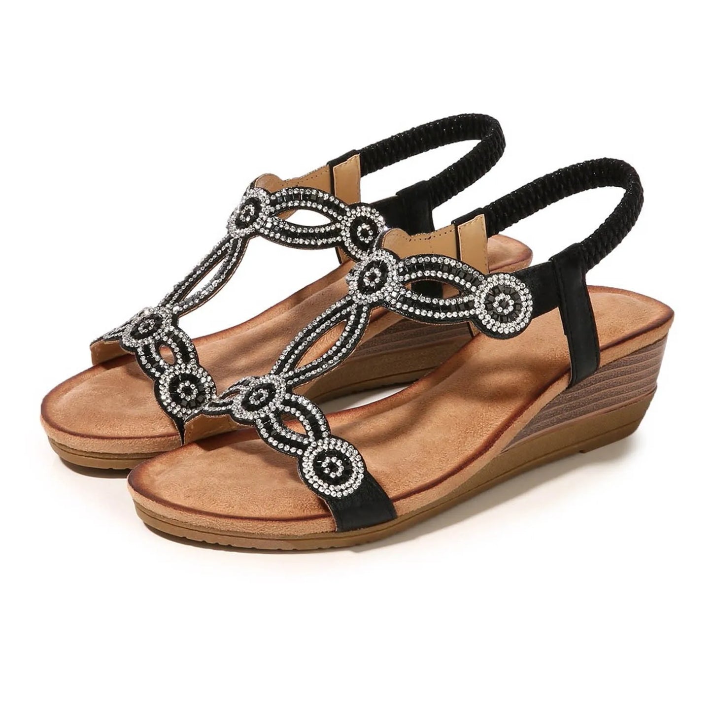 New Retro Diamond Sandals Rhinestones Elastic Band Slope/Heel Shoes Woman 2024 Trend Roman Sandals
