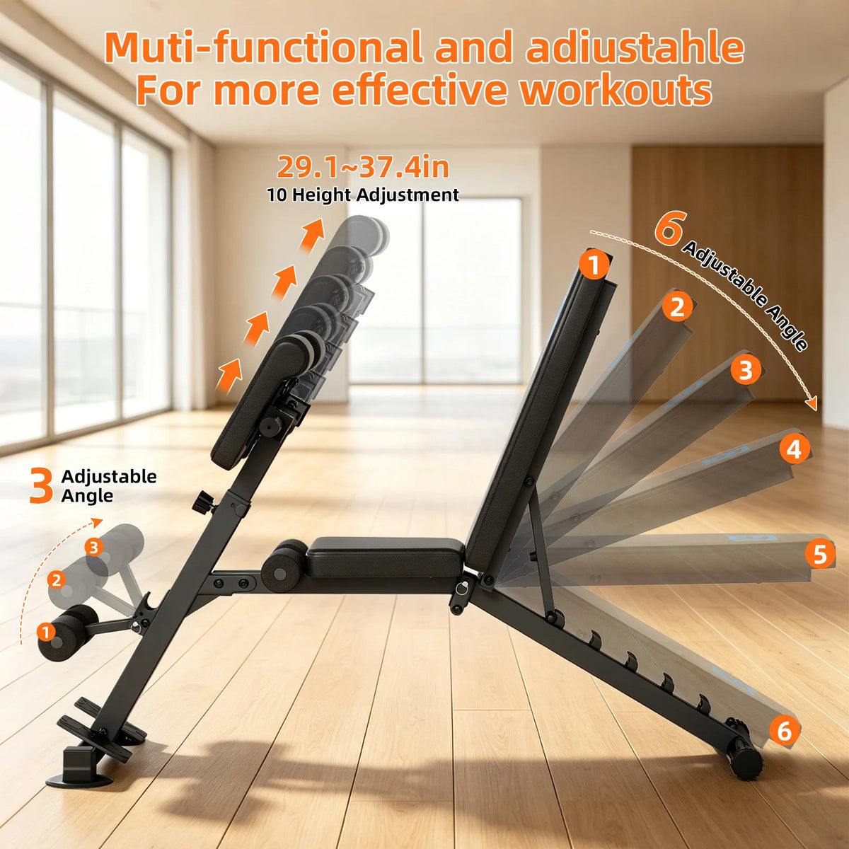 5mm Thick Square Steel Triangular Frame Workout Bench/330LBS User Weight Limit Adjustable Fitness Bench with Suction Anti-Slip Feet