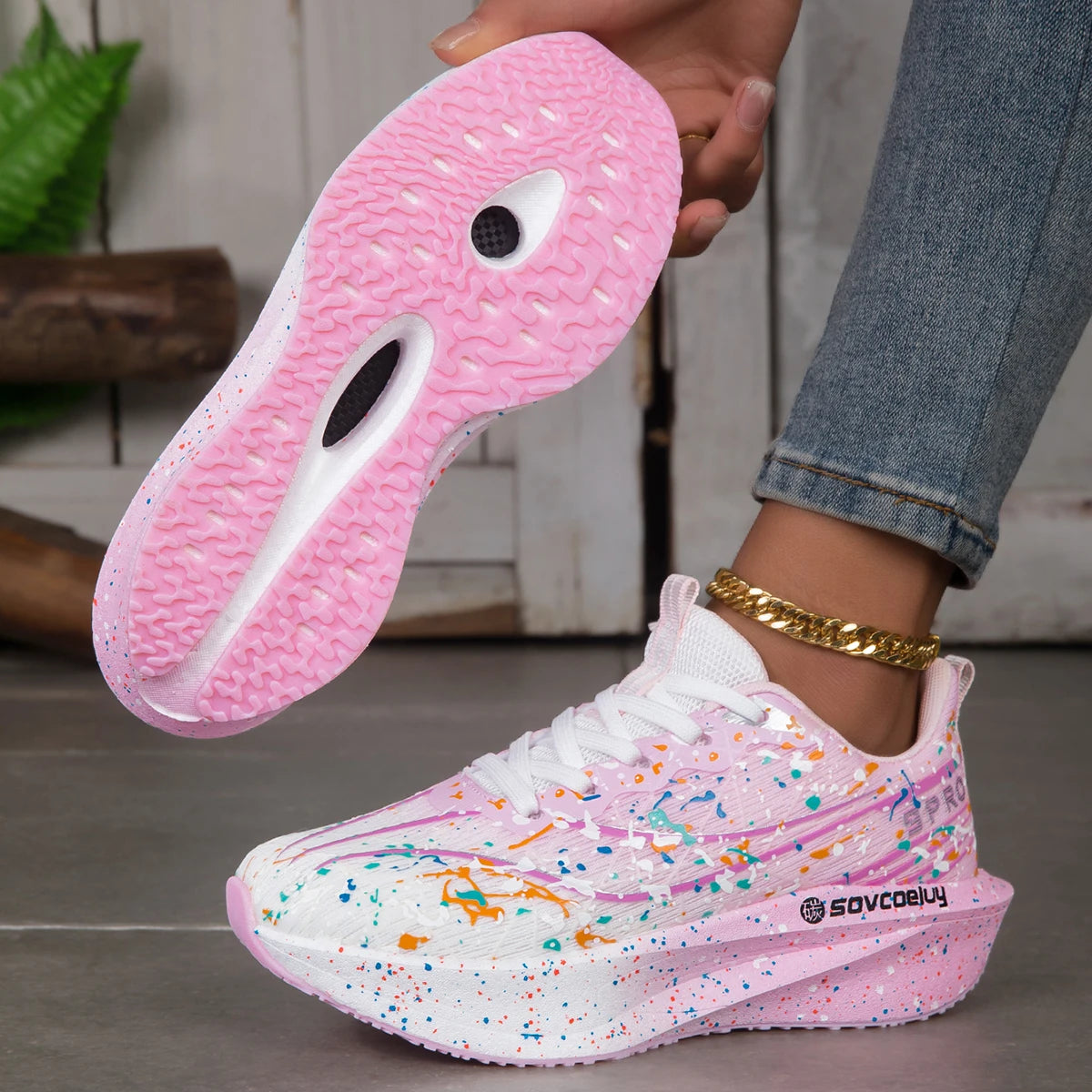 Women Splatter Paint Gradient Running Sneakers Breathable Flying Weave/Mesh Lightweight Shock Absorb Non Slip Fashion Athletic