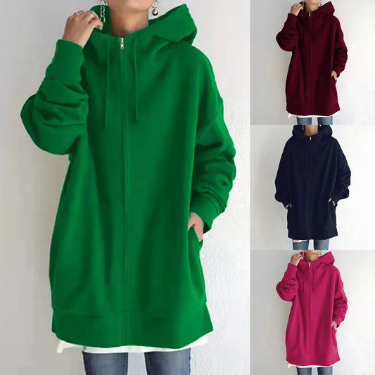 Zip Up Loose Hooded Jacket Women Harajuku Sweatshirts/Casual Solid Color Coat Streetwear Autumn Winter Coat