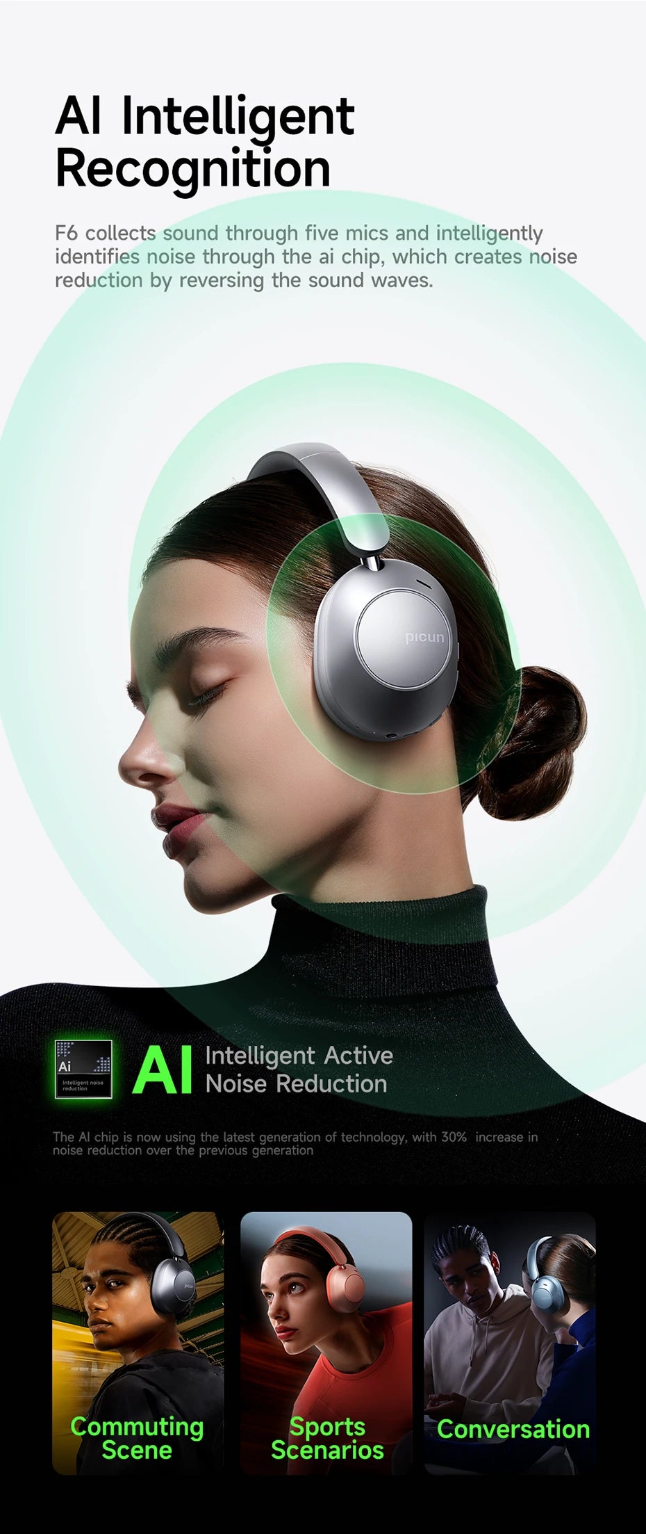 Picun F6 ANC Wireless Headphones Bluetooth 5.4 Hi-Res Audio Over Ear/Headset 52dB Hybrid Active Noise Cancellation Earphone 120H