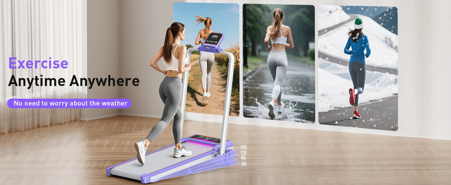 Folding Walking Pad with 15% Incline/RGB Light/Dual Screen Display/3.5HP Treadmills for Home,350lbs Capacity Smart App