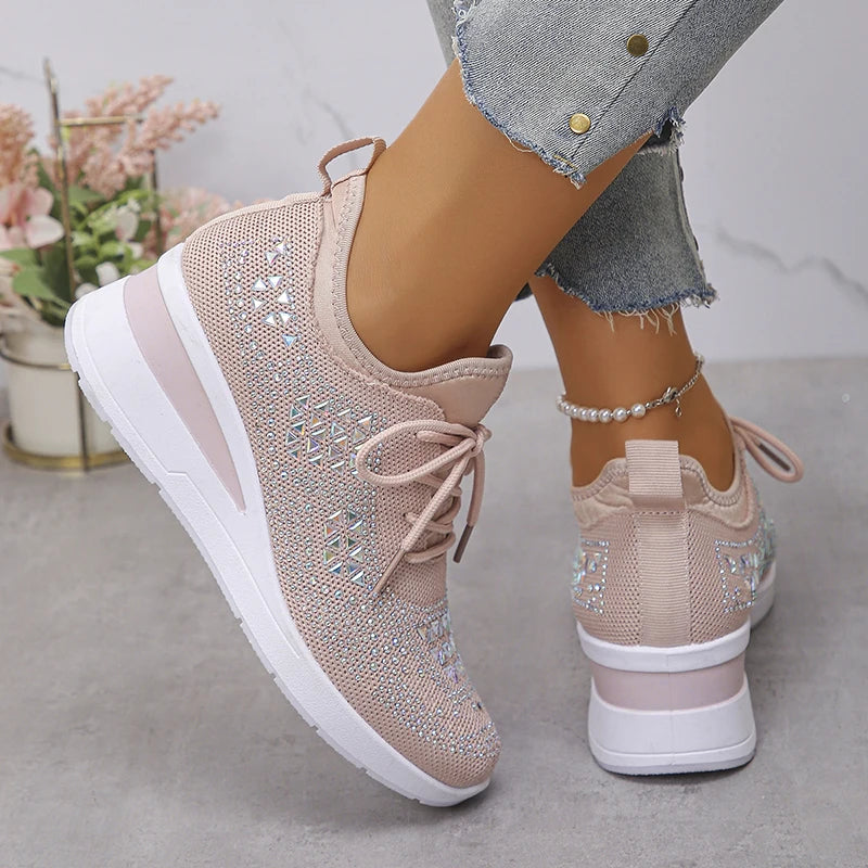 Women's Shiny Rhinestone Wedge Sneakers Breathable Non Slip/Walking Shoes Woman Plus Size Fashion Thick Sole White Sneakers