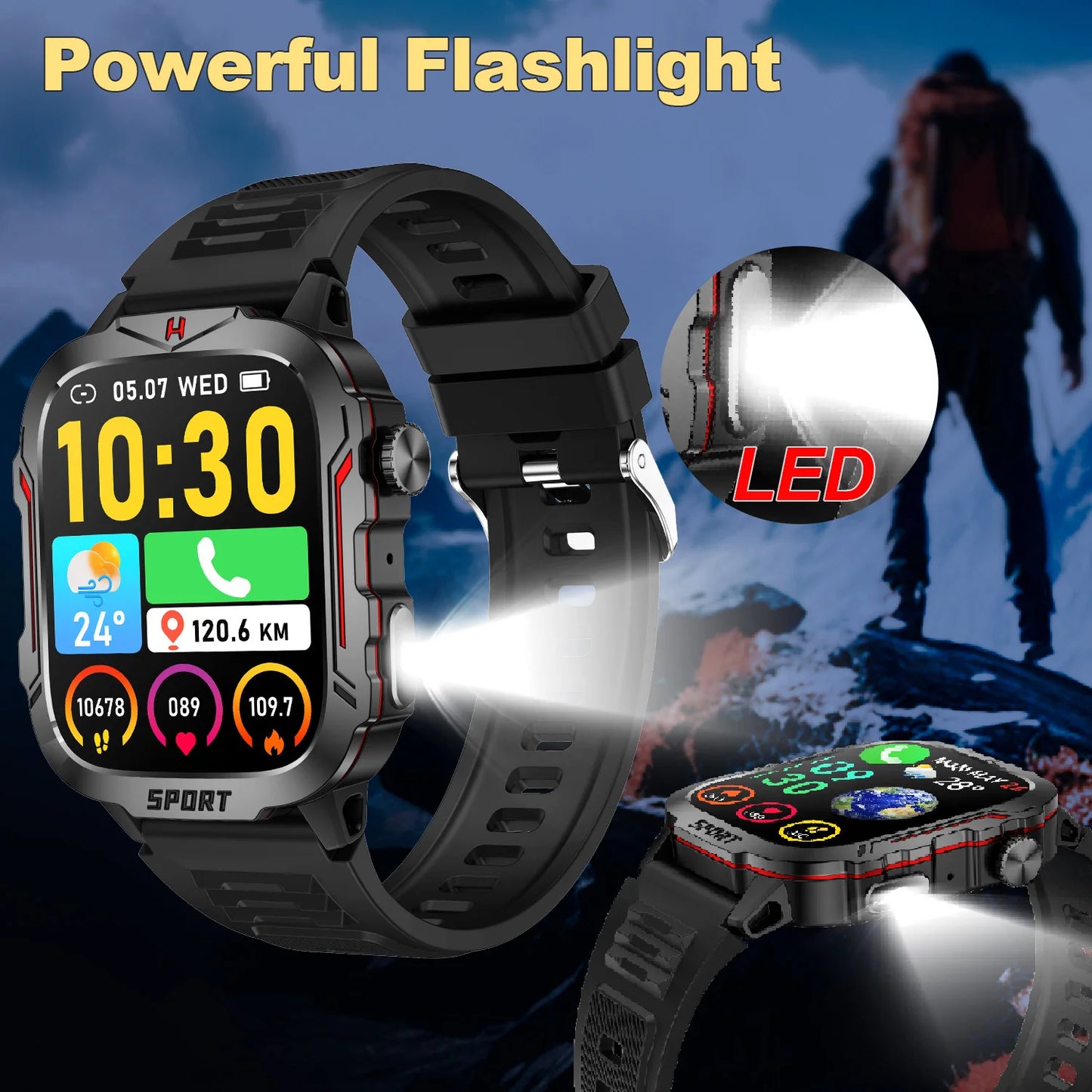 Strong Flashlight Smart Watch for Men/Women, 1.96'' Screen Fitness Tracker/with AI Voice Assistant/ Bluetooth Call/ 100+Sports