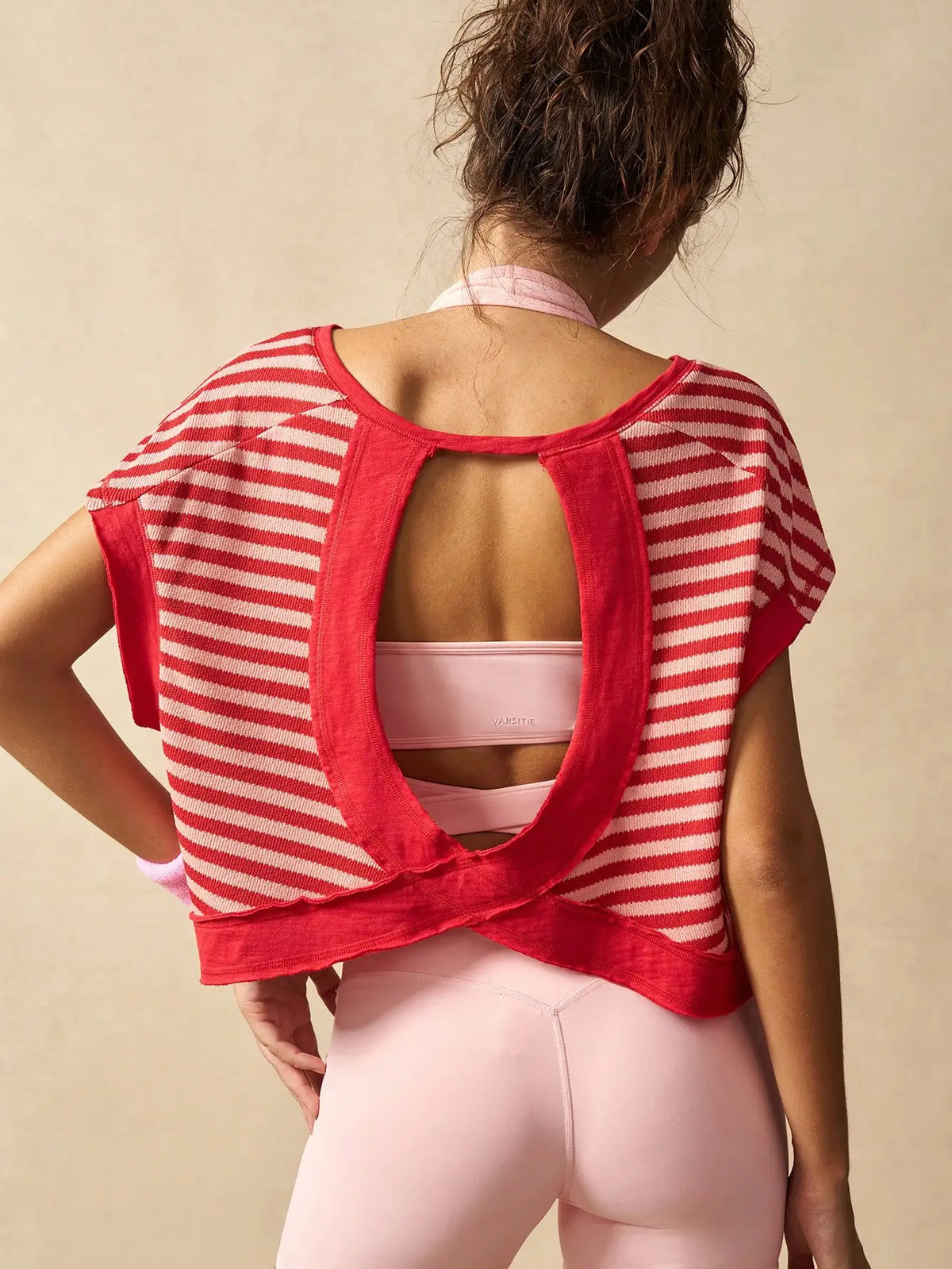 Women Striped Open Back Workout/Top Gym Crop Top Summer Active Wear Shirts