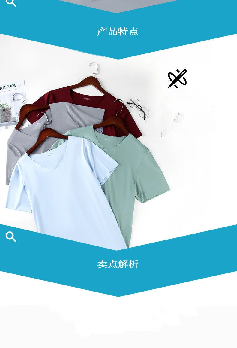 Ice Silk Men T-shirts Summer Seamless Sport Underwear Casual V-neck/Thin T-shirts Quick Dry Shirt Tops Bottoming Shirt for Men