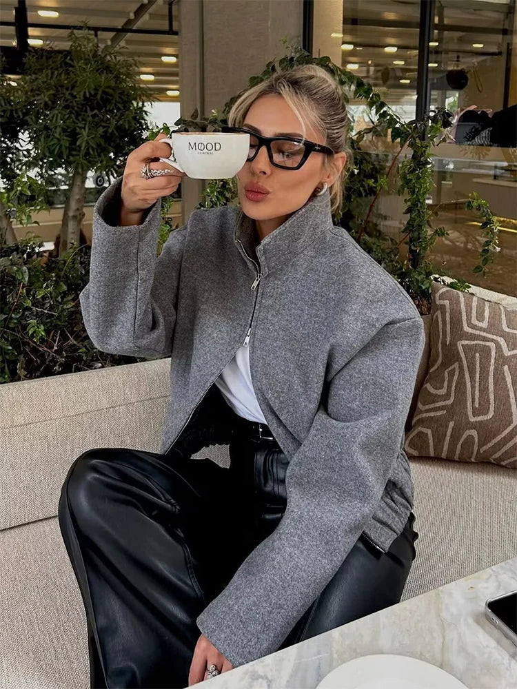 Women's Loose Stand Collar Jacket Coats Long Sleeve Zip Up Pockets/Streetwear Autumn New  Lady Casual Solid Outerwear