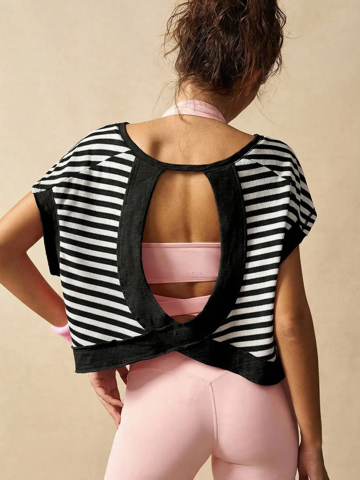 Women Striped Open Back Workout/Top Gym Crop Top Summer Active Wear Shirts