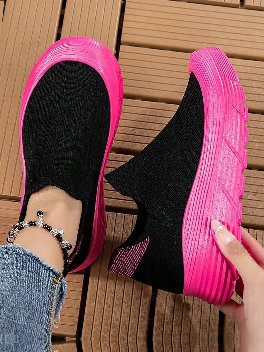 Women's Platform Sneakers Black With Pink Sole/Chunky Comfortable Slip-On Athletic Shoes