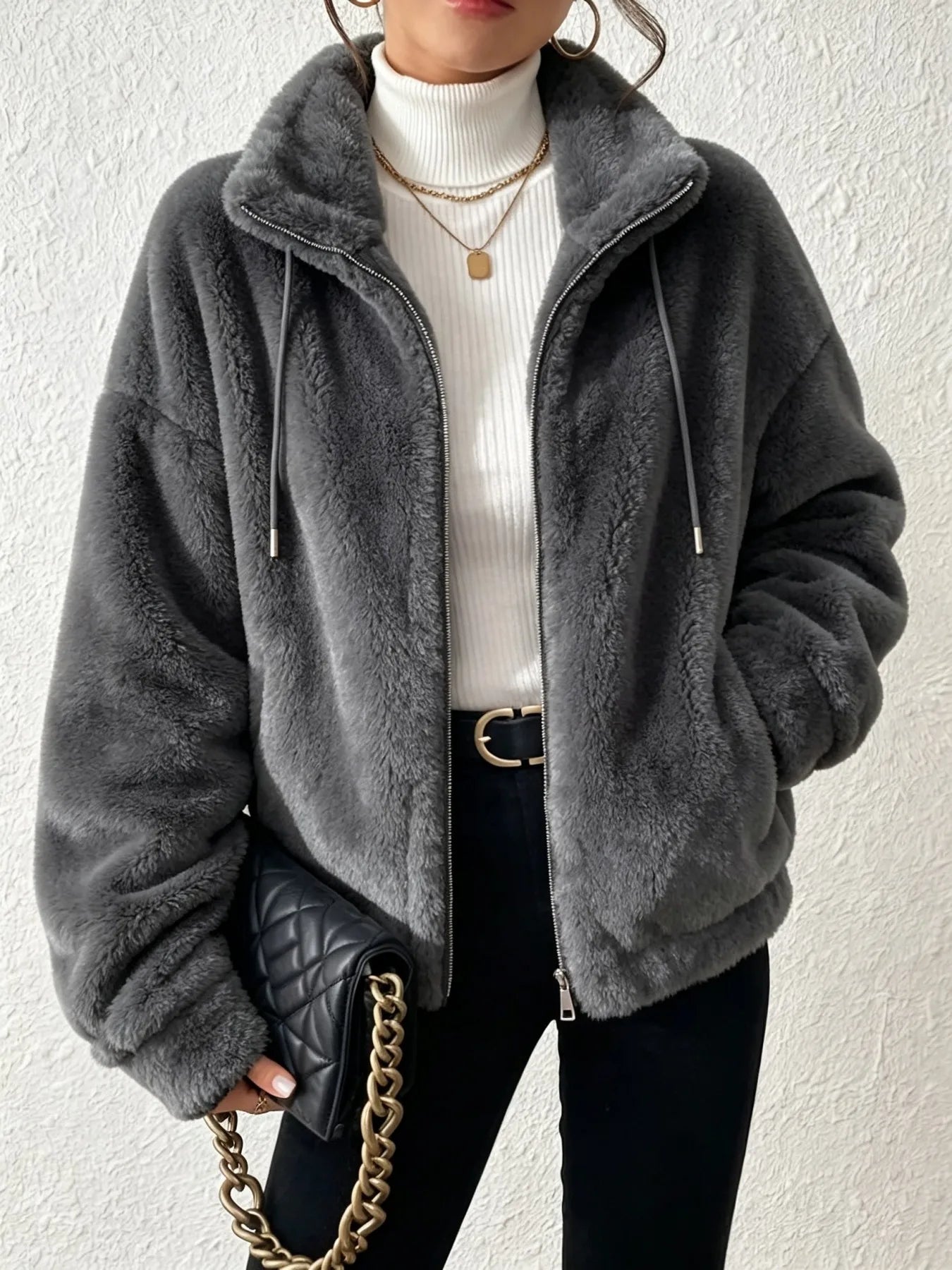 Women Fuzzy Fleece Zip Up Jacket Stand Collar Drawstring Loose/Oversized Coat Warm Plush Winter Outerwear Casual Streetwear
