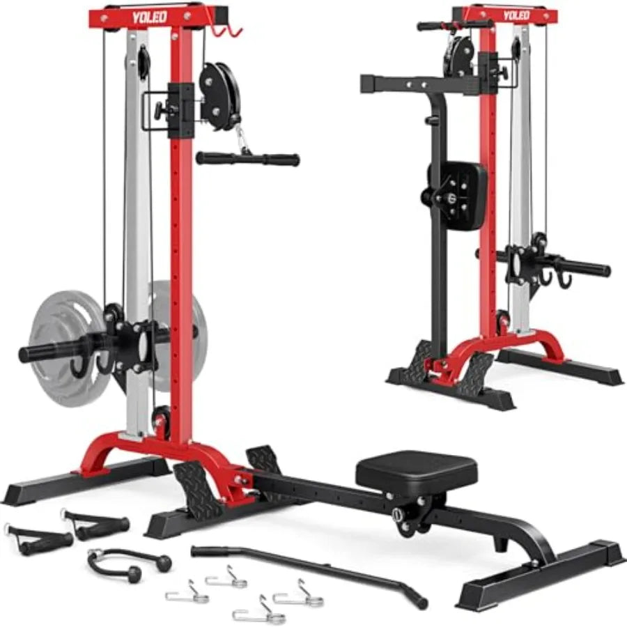 Home gym rowing cable machine LAT pulldown station steel frame/black 2-in-1 adjustable foldable design with 6 attachments