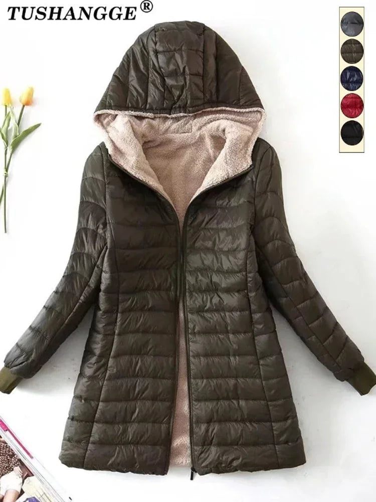 Solid Color Long Sleeve Hooded Zipper Women's Jackets/Autumn and Winter Mid-length Woman Cotton Coat Slim Fit Parka