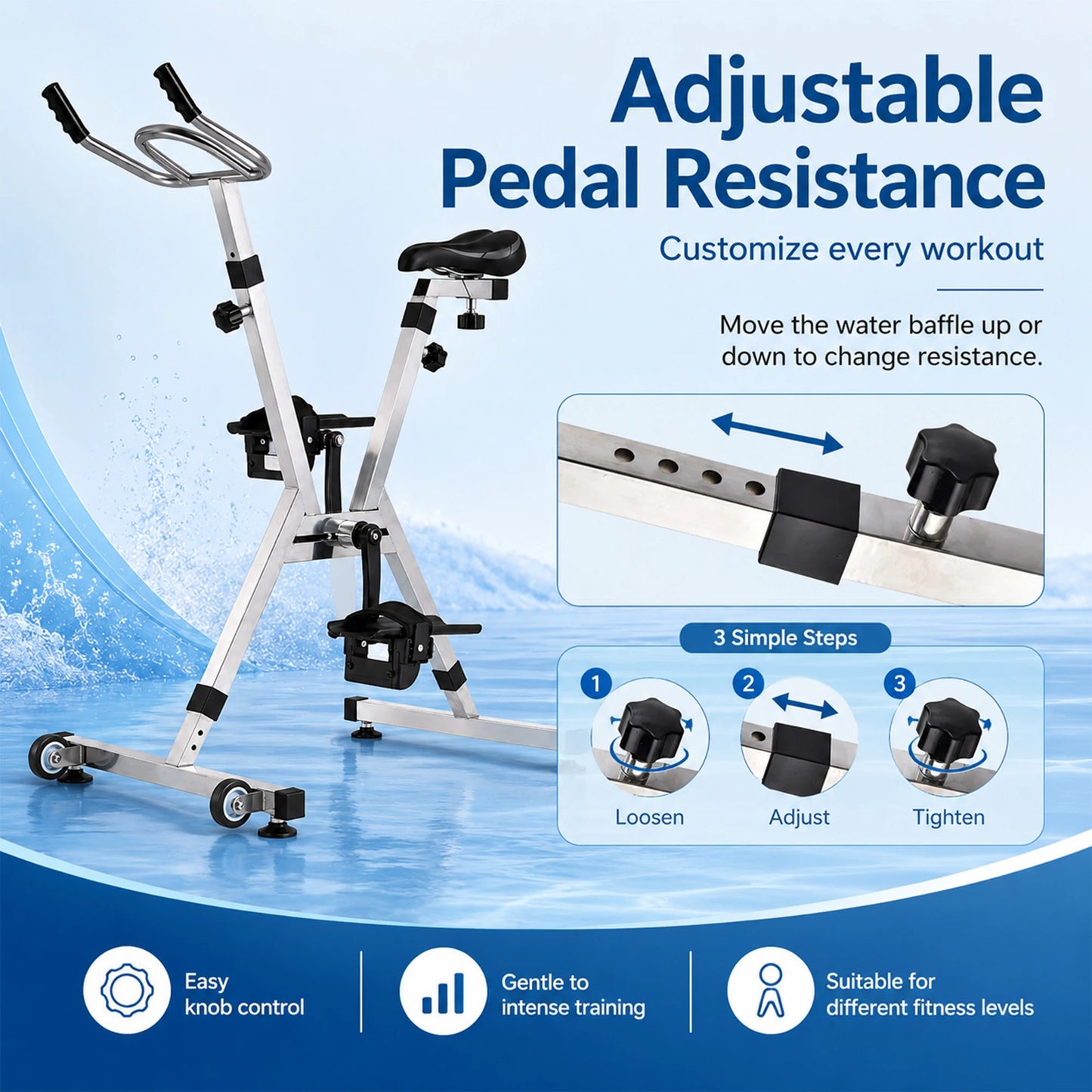 Aquatic Bike Pool Exercise Water Bike/with 316 Stainless Steel Frame Adjustable Resistances Underwater Spin Bike