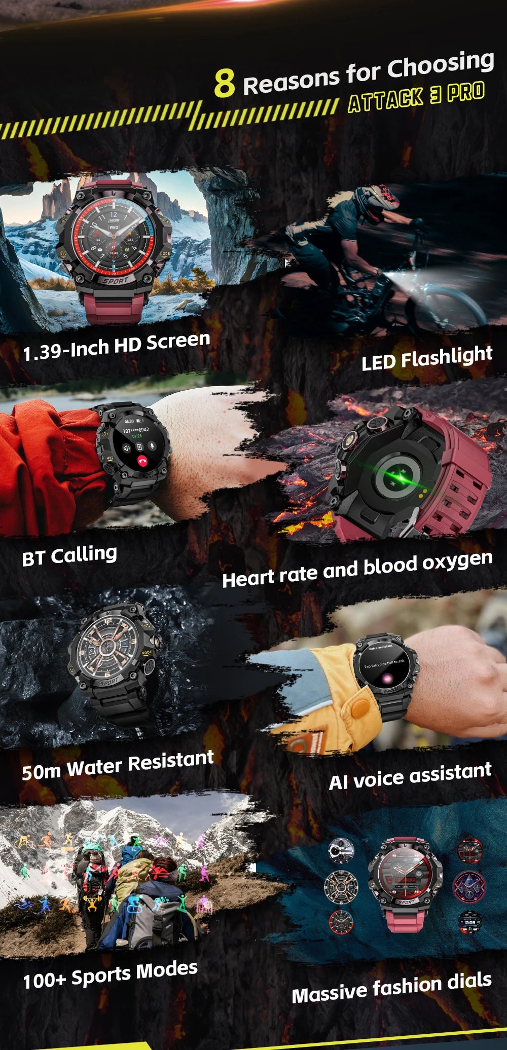 LOKMAT New Rugged Smart Watch Bluetooth Calls Wristband/Fitness Tracker Flashlight Message Push Heart Rate Monitor for Phone
