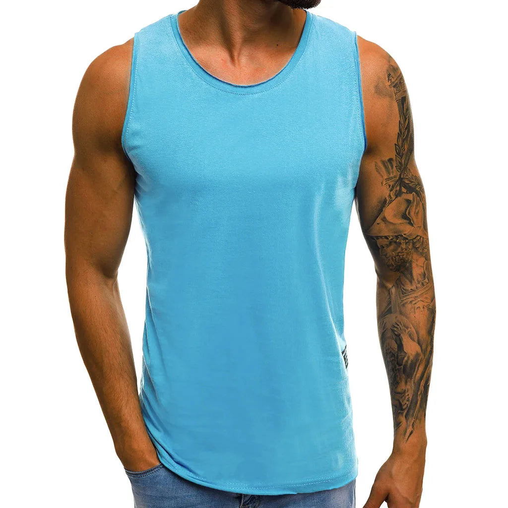 White T Shirt Men's Summer Sleeveless Blouse Gym/Fitness Muscle Tee Tops Solid Color Sweat Exercise Tank Top