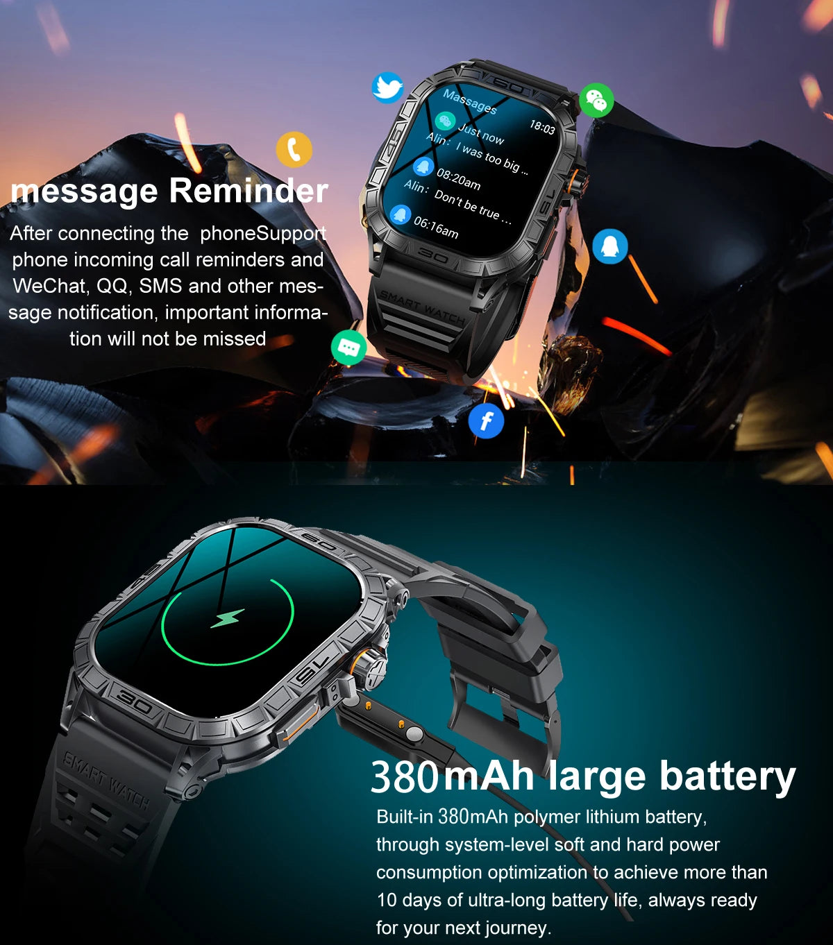 EIGIIS New Smart Watch ED Display 100+ Sport Mode With Compass/IP68 Waterproof Bluetooth Call Heart Rate Blood Pressure Men K63