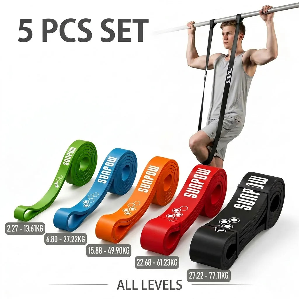 SUNPOW Pull Up Assistance Bands Set of 5 Heavy Duty/Resistance Bands for Men & Women, Natural Latex Exercise Bands