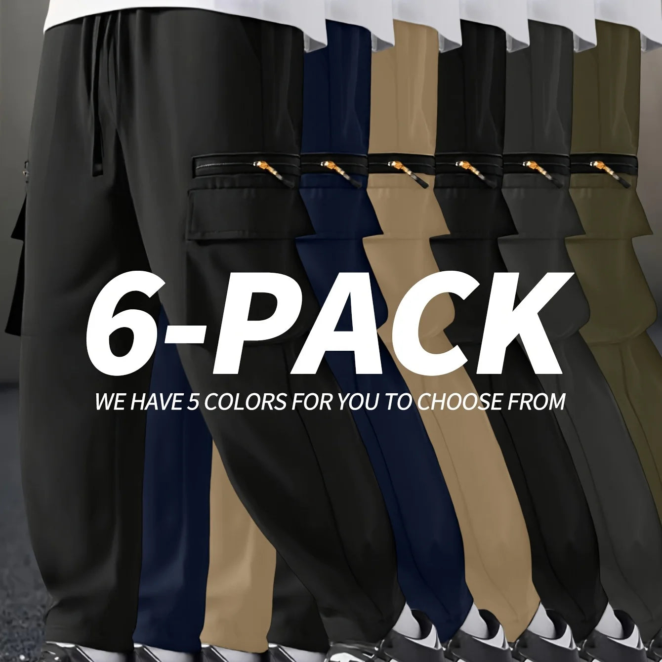 6 pieces of men's regular outdoor pants, work pants fashionable pants/and sports pants multi pocket drawstring elastic waist casual pants