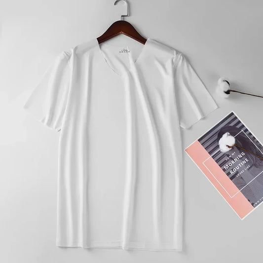 Ice Silk Men T-shirts Summer Seamless Sport Underwear Casual V-neck/Thin T-shirts Quick Dry Shirt Tops Bottoming Shirt for Men