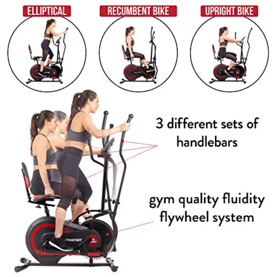 3 in 1 Exercise Machine with Seat Back Cushion Elliptical/Upright Cycling and Reclined Bike Modes Digital Comp