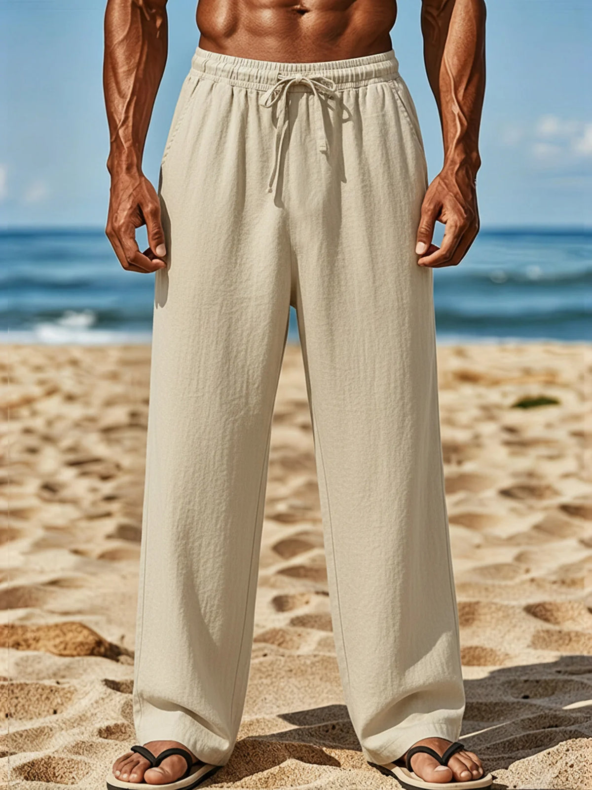 Men's Casual Wide Leg Pants Elastic Waist Drawstring Loose Straight Trousers/with Pockets Lightweight for Beach Vacation Daily Wear