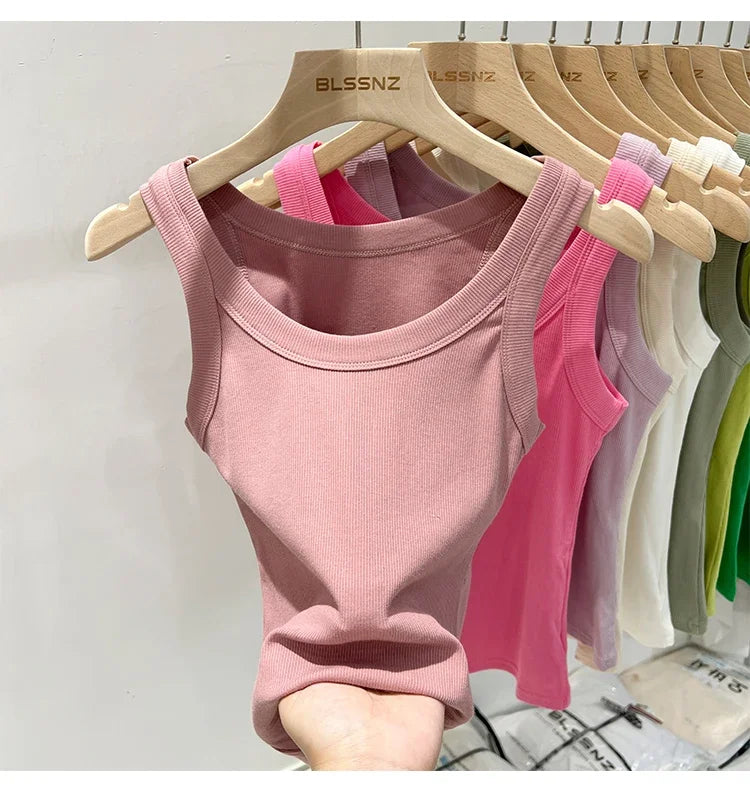 zjaiss Women Solid Round Neck Ribbed Tank Top Camisole Women/Summer Basic Elastic Tank Top O Neck Solid Tank Top