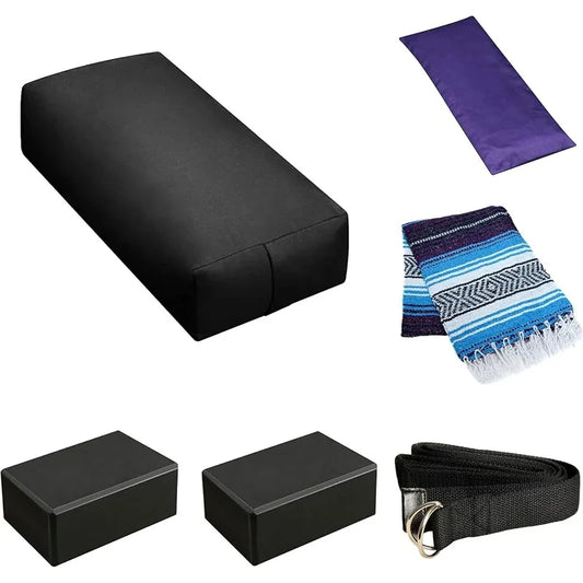 Sunshine Yoga 6-Pack Restorative Kit/1 Bolster (24"  12"  6"), 2 Blocks (4"  6" 9"),1 6ft D-Ring Strap