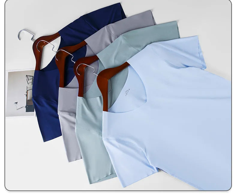 Ice Silk Men T-shirts Summer Seamless Sport Underwear Casual V-neck/Thin T-shirts Quick Dry Shirt Tops Bottoming Shirt for Men