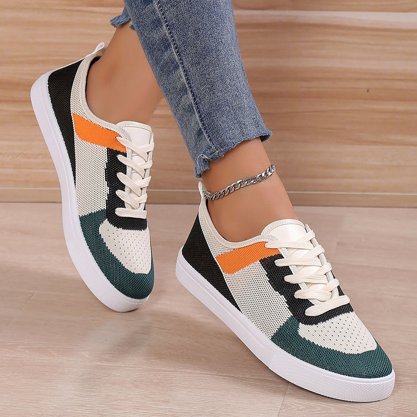 Women Casual Durable Low Heel Hiking Shoes Fashionable/Green Flat Round Toe Single Shoes Women Sneakers