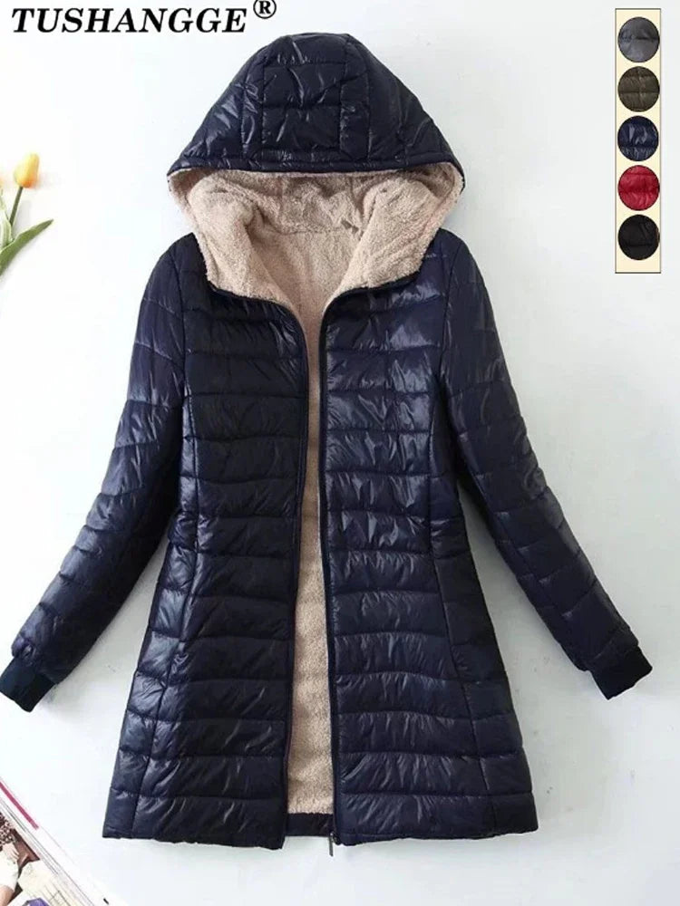 Solid Color Long Sleeve Hooded Zipper Women's Jackets/Autumn and Winter Mid-length Woman Cotton Coat Slim Fit Parka