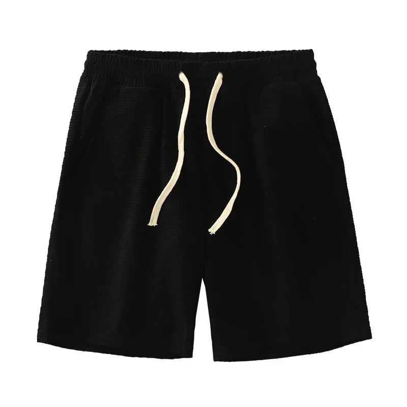 Men Shorts Solid Color Mid Waist Summer Motion Waffle Texture/Deep Crotch Drawstring Male Shorts Loose Knee Length Casual Short