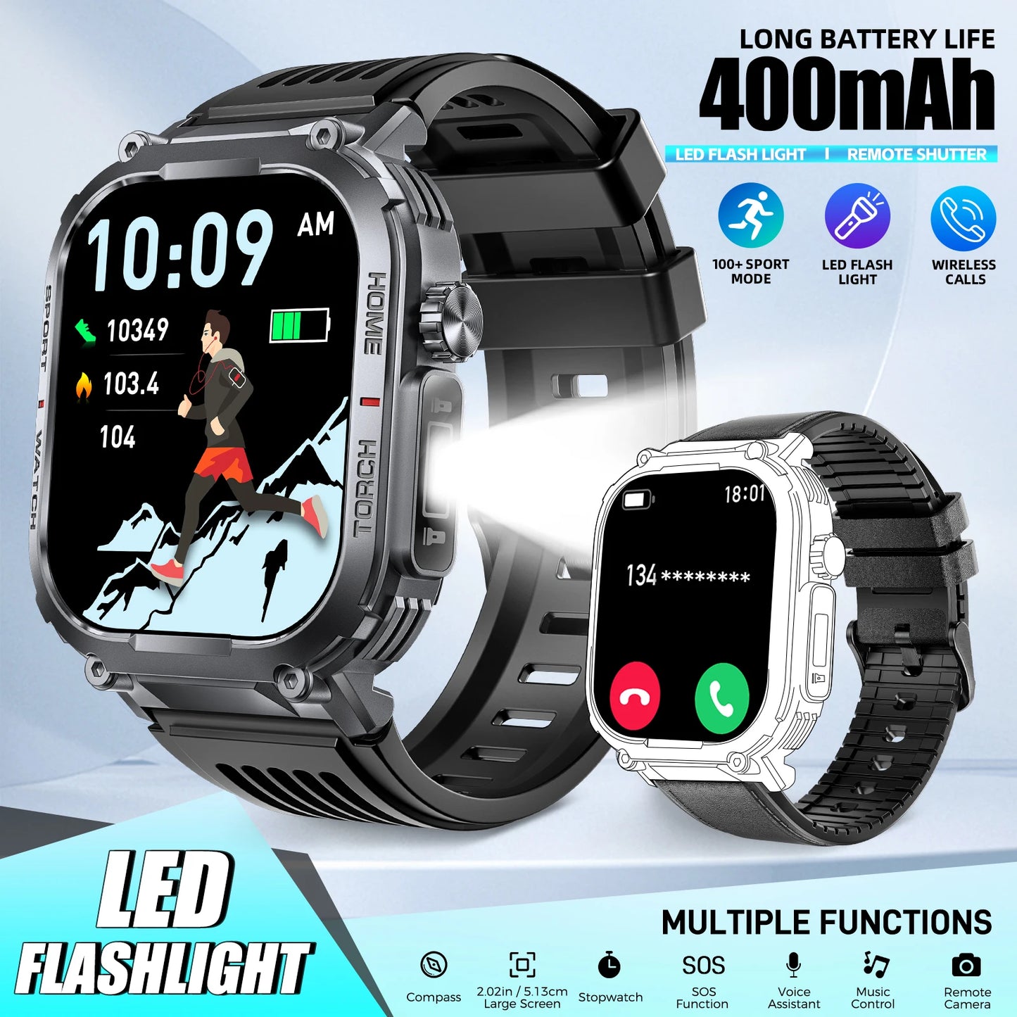 LaNikar New Smart Watch Men 3ATM Waterproof 2.02"S320B With Compass/And LED Flashlight Sports And Fitness Tracking Heart Rate
