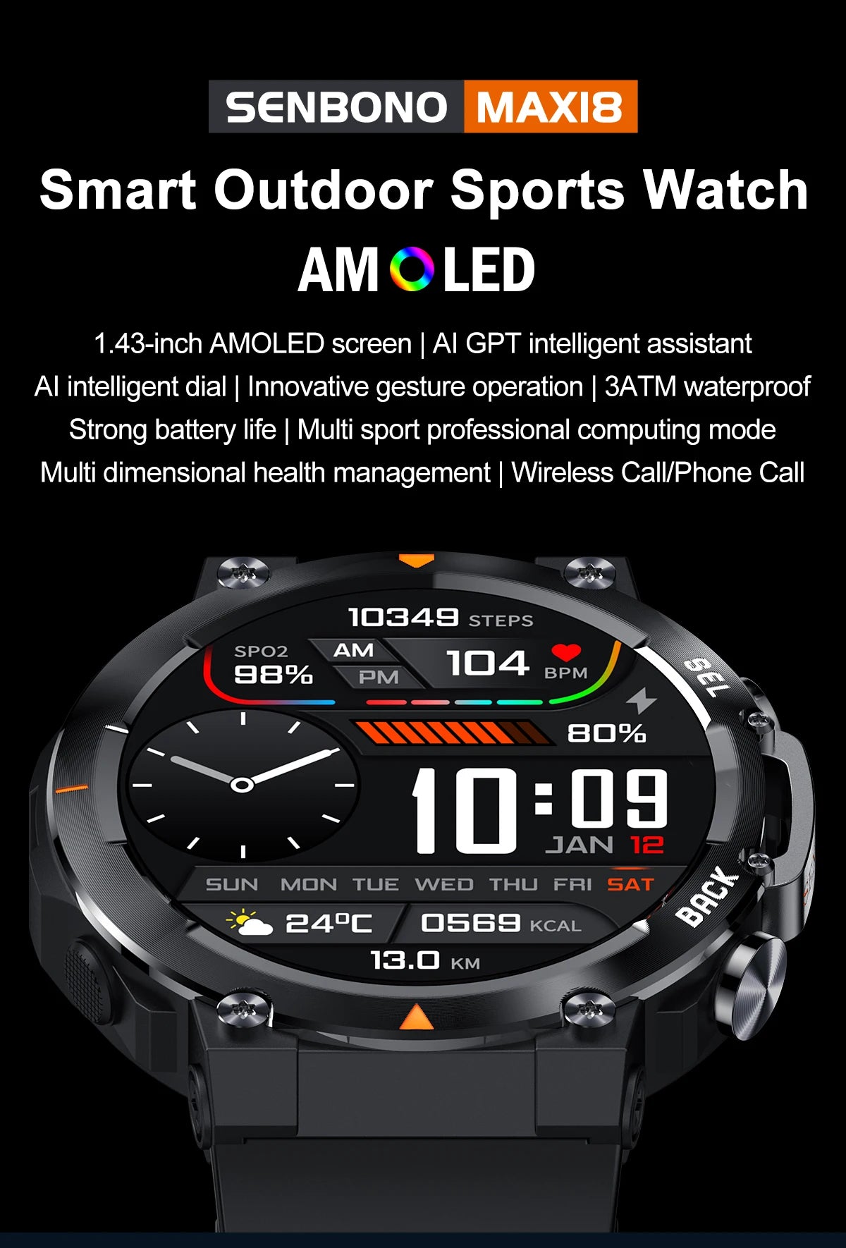 SENBONO MAX18 Smart Watch for Men AMOLED Screen AI GPT Bluetooth Call/410mAh Big Battery Fitness Tracker Men' Sport Smartwatch