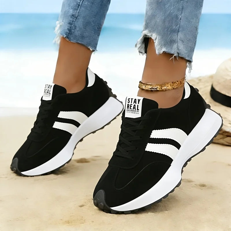 Women Retro Stripe Platform Sneakers Vintage Suede Lace Up/Casual Shoes Thick Sole Non Slip Walking Trainers Fashion