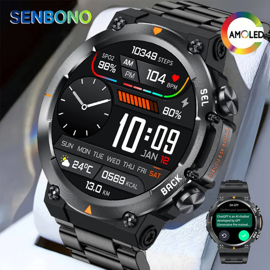 SENBONO MAX18 Smart Watch for Men AMOLED Screen AI GPT Bluetooth Call/410mAh Big Battery Fitness Tracker Men' Sport Smartwatch