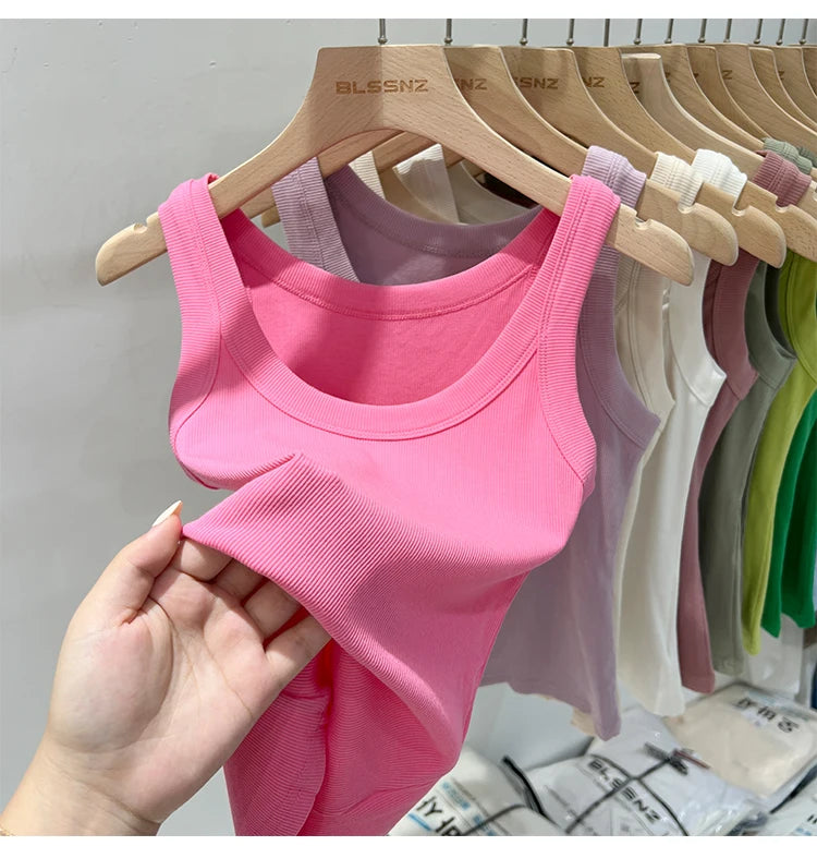 zjaiss Women Solid Round Neck Ribbed Tank Top Camisole Women/Summer Basic Elastic Tank Top O Neck Solid Tank Top