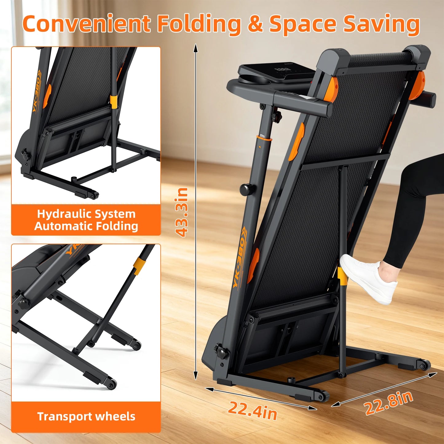 Folding Treadmill 15 Percent Automatic Incline 3.0HP Motor 300LBS Weight Capacity/3 Level Adjustable Height LCD Display 12 Workout Treadmill