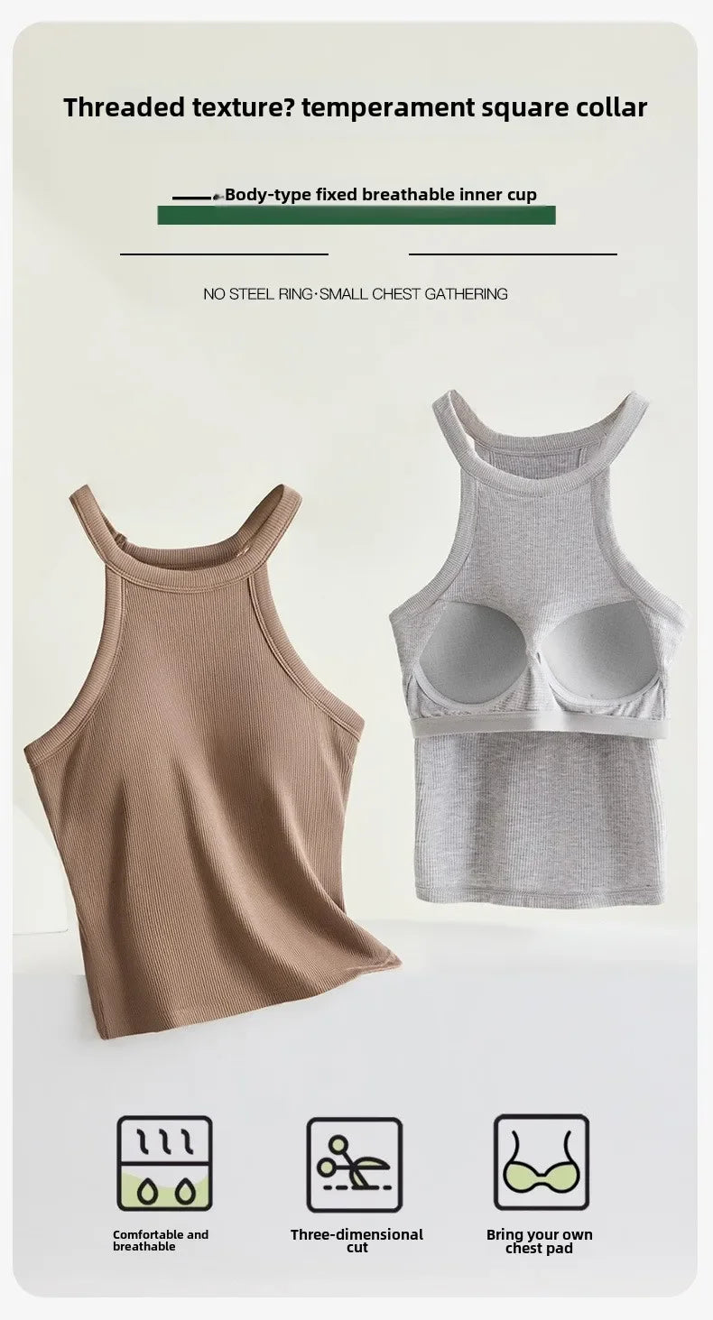 Threaded Halter Neck Camisole Top With Build-in Bra High Elastic/Slim-fitting Sling Fixed Cup Breathable Women Tank top