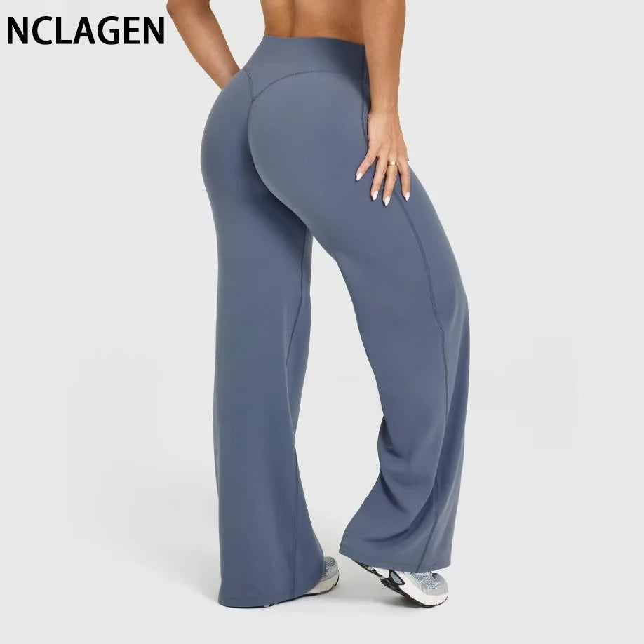 NCLAGEN Soft Motion Straight Leg Bottoms Women's Mid-Waist Yoga Pants/GYM Leggings Naked Feel Pilates Running Sports Trousers