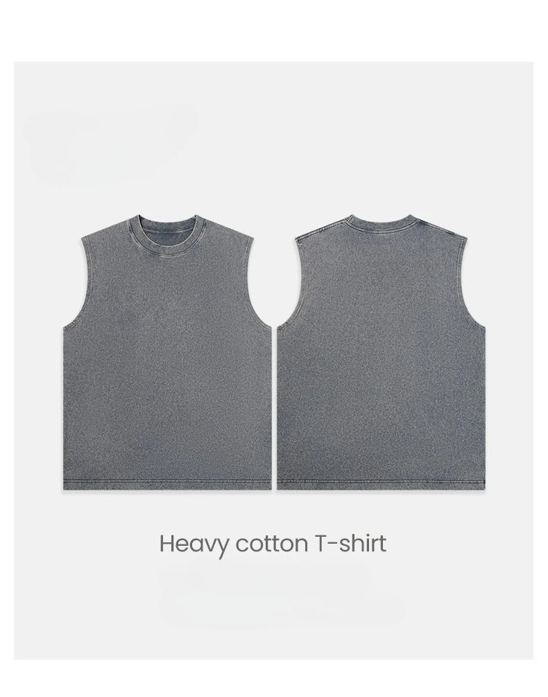 230g Pure Cotton European and American High Street Retro Washed/Distressed Sleeveless Vest Men's Casual Loose Shoulder T-shirt