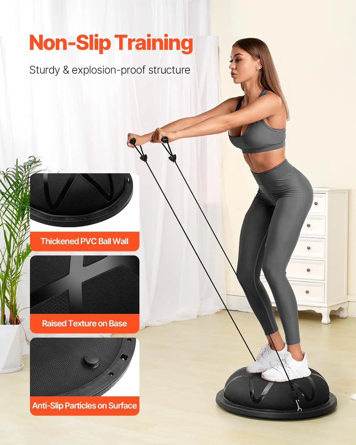 Half Exercise Balance Ball, 23/26 Inch Stability Trainer/with Resistance Bands and Pump for Home Gym Full Body Workout