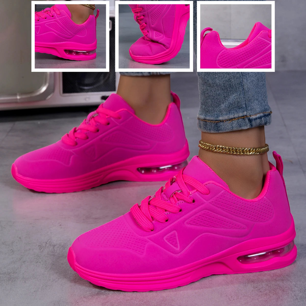 Women Solid Color Air Cushion Walking Sneakers Breathable/Soft Upper Shock Absorb Non Slip Lace Up Lightweight Sports Shoes Gym