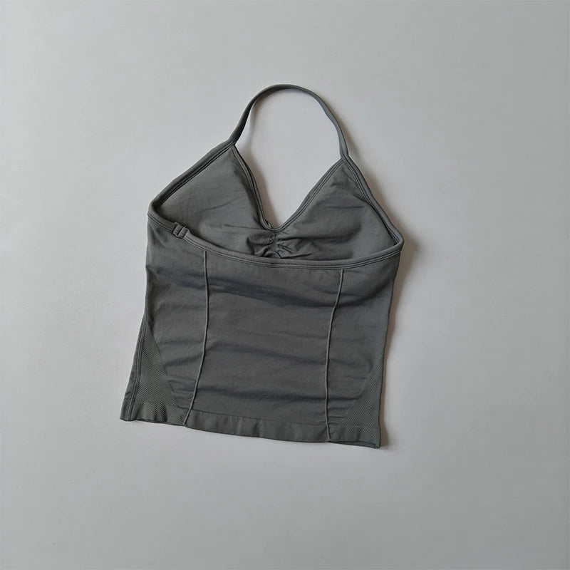 Longline Strappy Seamless Yoga Tank Top Backless/Gym Vest with Built-in Bra Sleeveless Workout Top