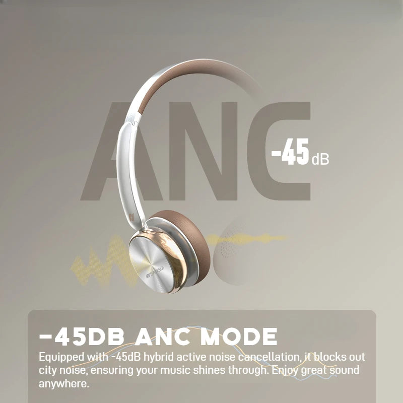 Sansui DT11 ANC Wireless Bluetooth 5.4 Headphone -45dB/Active Noise Reduction Headsets 50H Playtime Over Ear Retro Earphones