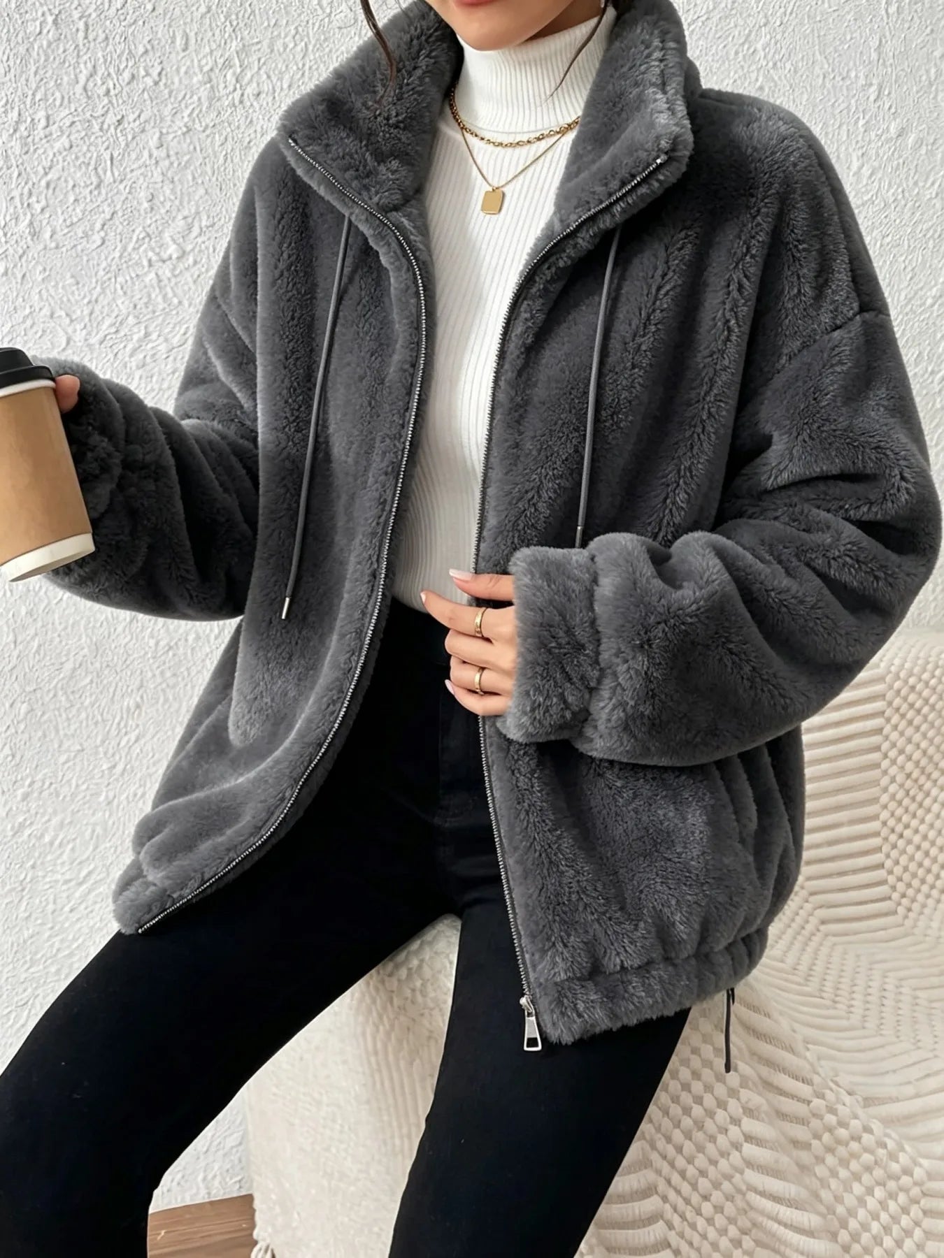 Women Fuzzy Fleece Zip Up Jacket Stand Collar Drawstring Loose/Oversized Coat Warm Plush Winter Outerwear Casual Streetwear