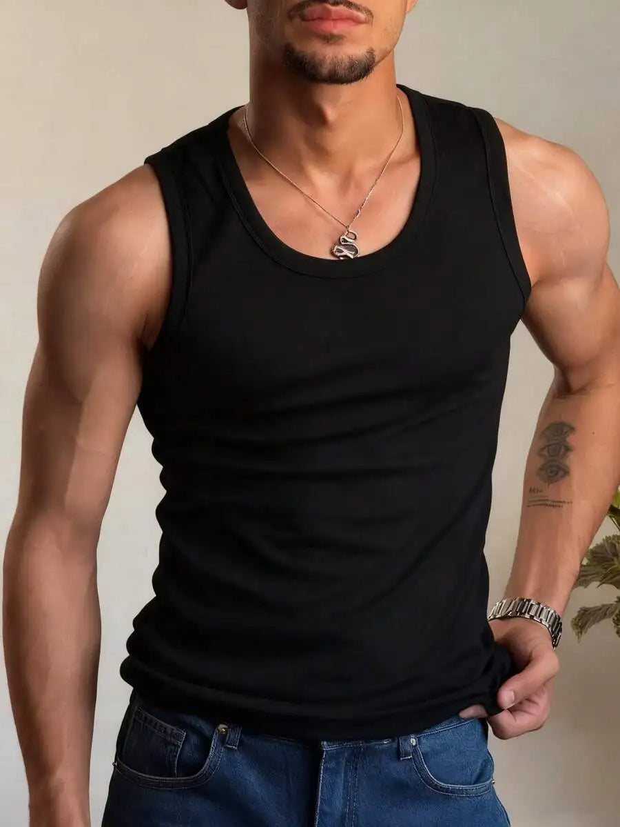 FRACTYR Men's Casual Sports Fitness Solid Color Narrow Shoulder/Tank Top | Daily Fashion Versatile Sleeveless T-Shirt