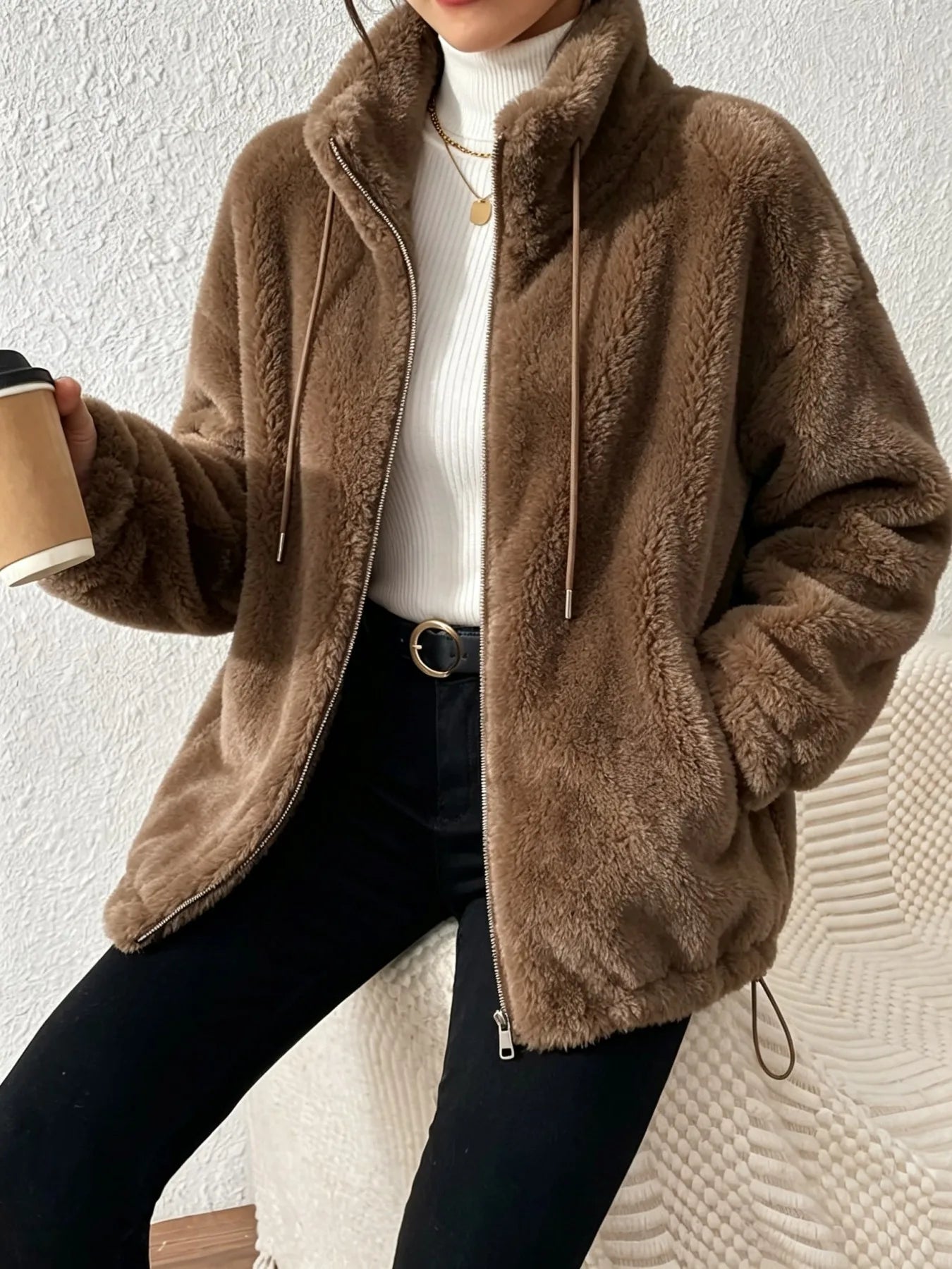 Women Fuzzy Fleece Zip Up Jacket Stand Collar Drawstring Loose/Oversized Coat Warm Plush Winter Outerwear Casual Streetwear