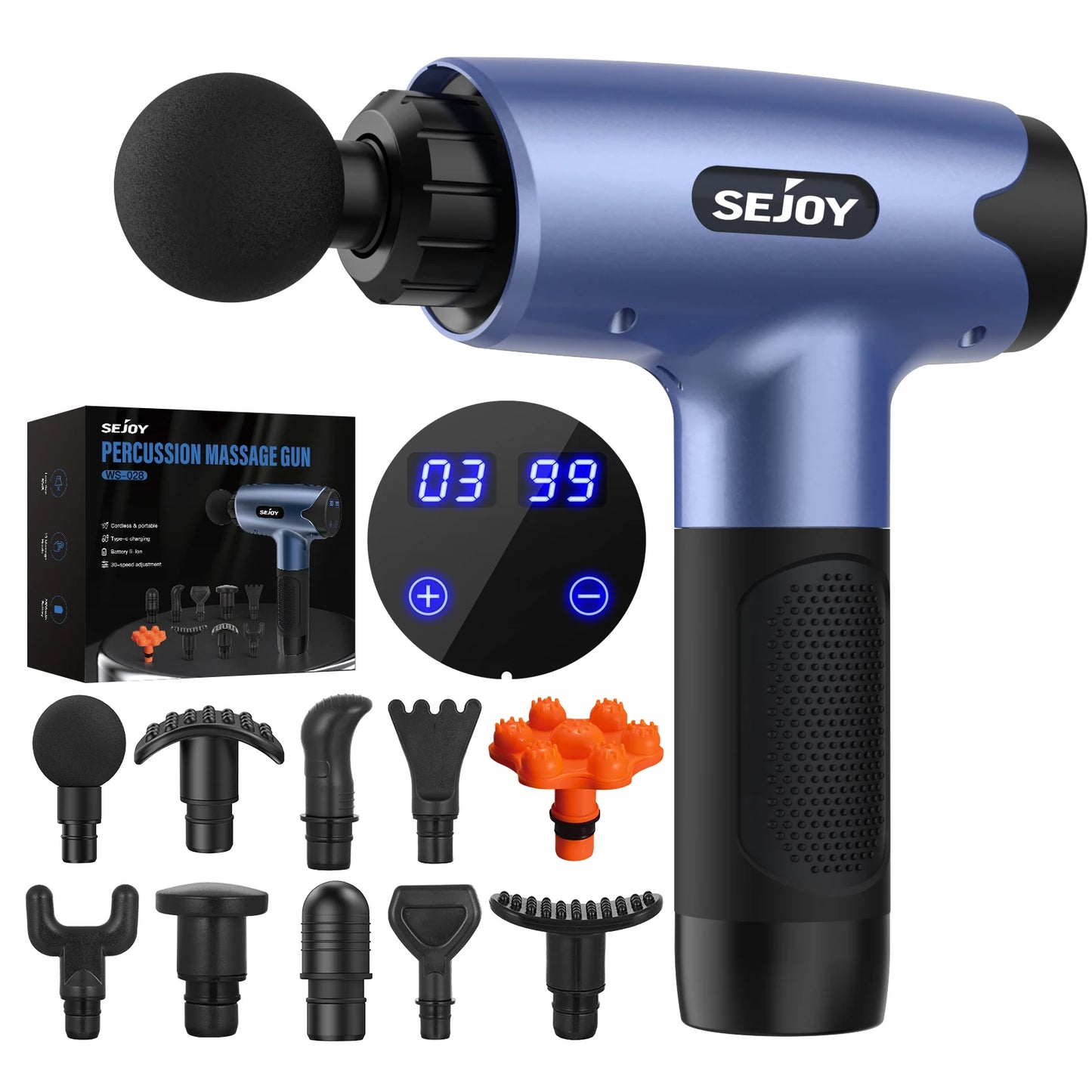 Sejoy WS-028 Fascia Gun Tissue Massager 30 Speeds Lightweight Body Massage/with LED Touch Screen 10 Replaceable Massage Heads